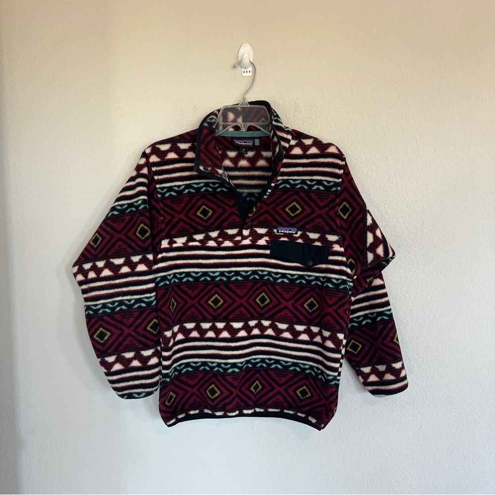 Patagonia Synchilla Snap-T Pullover in the Aztec Saltillo Cinder Red Pattern XS